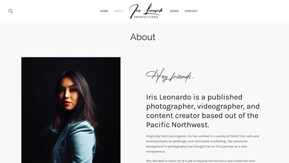 Screenshot of Iris Leonardo Productions About Page